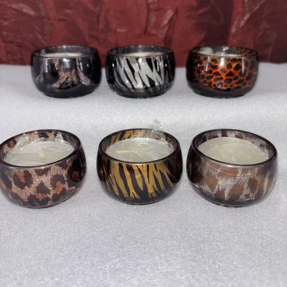 Berkeley Designs Glass Animal Print Tea Lite Candles Holders Set of 6 New In Box